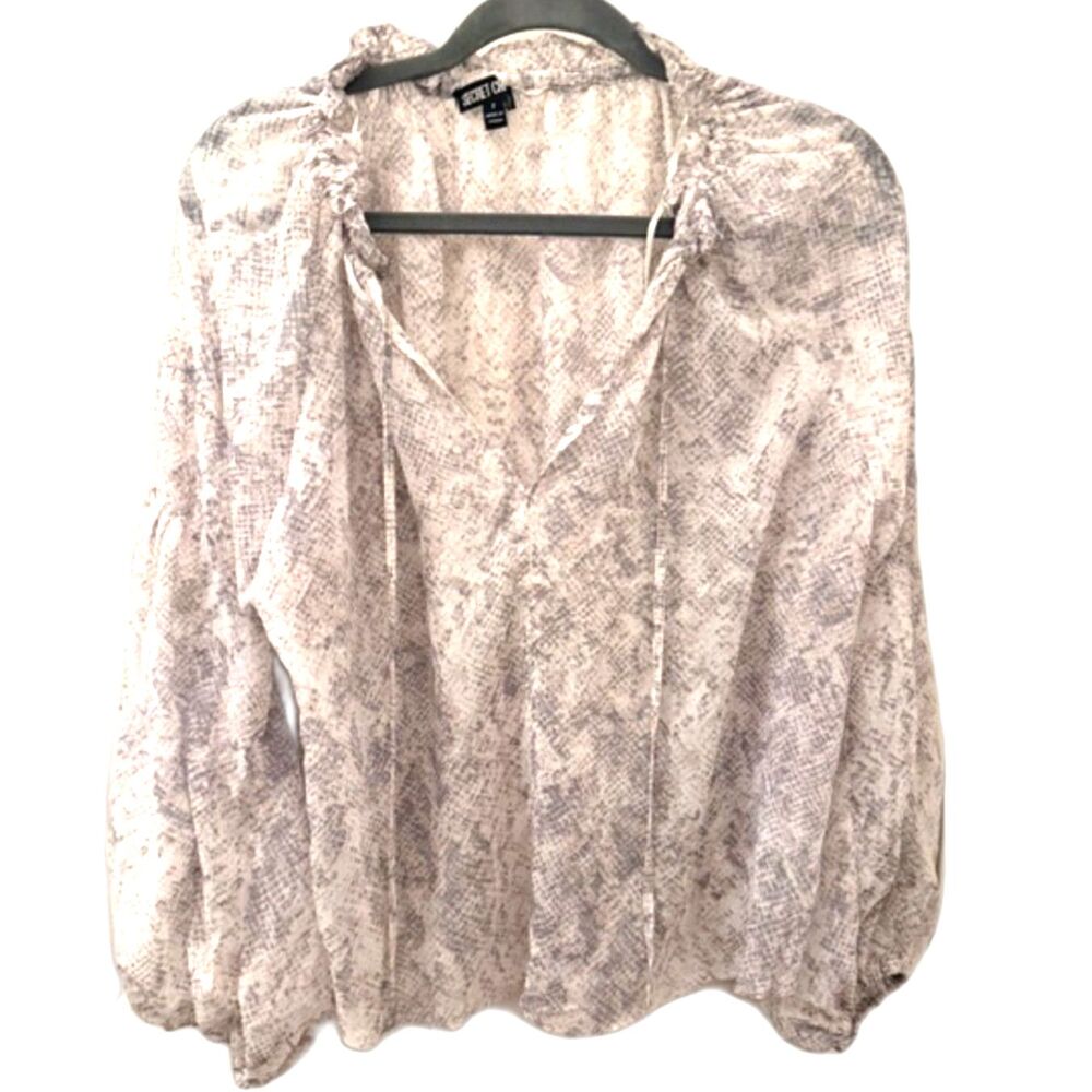 Secret Charm Snake Print Blouse Size S Sheer Tie Neck Boho Flowy Top